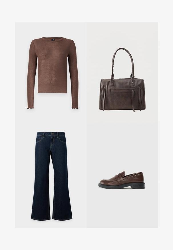 Brun langærmet top med rund halsudskæring, lavet af et blødt, let gennemsigtigt materiale. Har flæsekantede manchetter og en lige kant.; Mørkeblå denimjeans med knap og lynlås foran, fem lommer og let udvidede vide ben.; Brune læder loafers med rund tå, og en dekorativ rem over toppen, samt en lav, struktureret sort gummihæl.; Mørkebrun læderhåndtaske med dobbelte håndtag, front lynlåslomme og to lodrette lynlåsdetaljer på siden på en hvid baggrund.