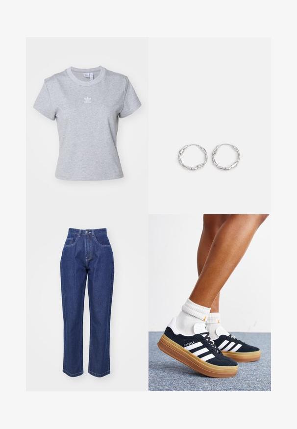 adidas Originals ESS SLIM TEE - T-Shirt basic - medium grey heather; Dunkelblaue Jeans aus Denim mit hoher Taille, geradem Bein, fünf Taschen und Kontrastnähten. Klassisches Design mit glatter Textur.; Beine mit weißen Socken und schwarzen Adidas Gazelle Sneakers mit weißen Streifen und dicken braunen Sohlen auf einem grauen Teppichboden.; Silberne Creolen mit einer welligen, unregelmäßigen Textur. Besitzen eine dünne, kreisförmige Form und eine reflektierende Oberfläche.
