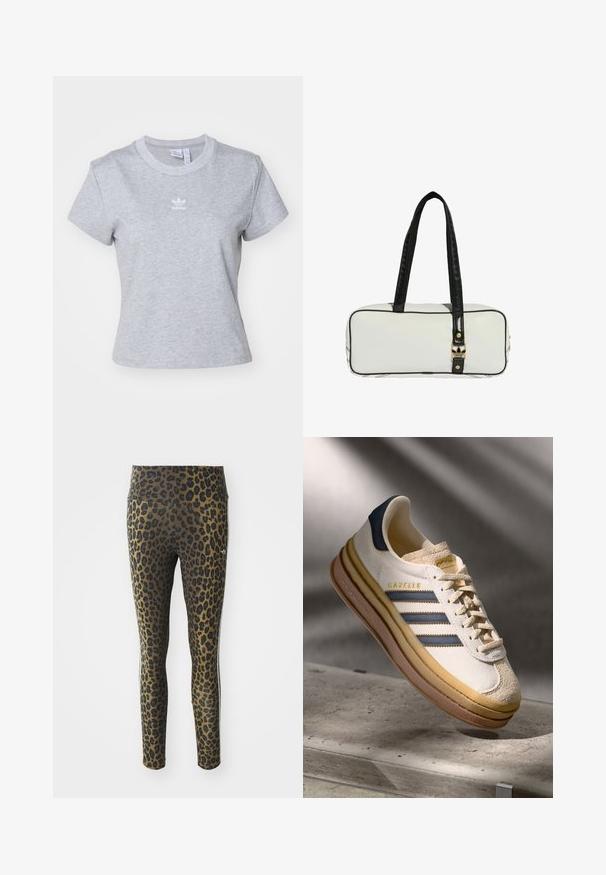 adidas Originals ESS SLIM TEE - T-Shirt basic - medium grey heather; Leggings mit Leopardenmuster, ausgestattet mit einem hohen Bund, dehnbarem Stoff und schwarzen Akzenten auf einem hellbraunen Grund, konzipiert für Komfort und guten Sitz.; Adidas Gazelle Sneaker mit einem Obermaterial aus cremefarbenem Wildleder, blauen Lederakzenten, drei blauen Streifen, beiger Zwischensohle und brauner Gummisohle.; Weiß rechteckige Tasche mit schwarzem Besatz und Griffen. Verfügt über einen goldenen Verschluss mit einem Logo und kontrastierenden Nähten an der Seite. Glatte Textur.
