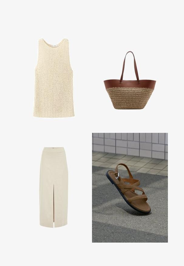 Ärmellose Strickweste in cremefarben mit gerippter Struktur und rundem Ausschnitt.; Helle beige Midi-Rock mit geradem Schnitt und einem mittigen vorderen Schlitz. Aus einem glatten Stoff mit einem verdeckten Reißverschluss auf der Rückseite gefertigt.; Braune Sandale mit überkreuzten Riemen und schwarzer Sohle scheint über einer gepflasterten Fläche zu schweben, mit gefliester Wand im Hintergrund.; Große Tote-Tasche mit braunem Lederobermaterial und Griffen sowie beigefarbenem geflochtenem Strohboden, vor weißem Hintergrund gezeigt.