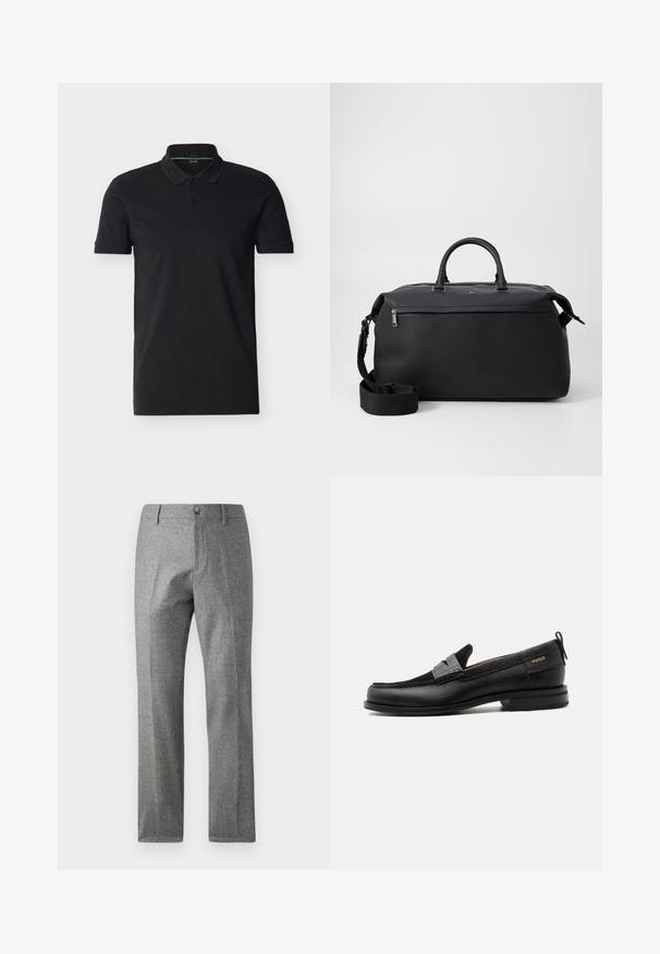 Polo negro de manga corta con cuello y tapeta de dos botones, con un sutil logo BOSS en el pecho y ribete interior verde en el cuello.; Pantalones grises texturizados con un diseño de pierna recta, que presentan un cierre frontal con botón y cremallera. Detalle sutil de patrón de espiga.; Mocasín de cuero negro con detalle de tira gris, tacón bajo y suela texturizada, con la marca "HUGO" en oro en el lateral.; Bolsa de viaje de cuero negro con dos asas superiores, una correa de hombro desmontable y un bolsillo frontal con cremallera para almacenamiento adicional.