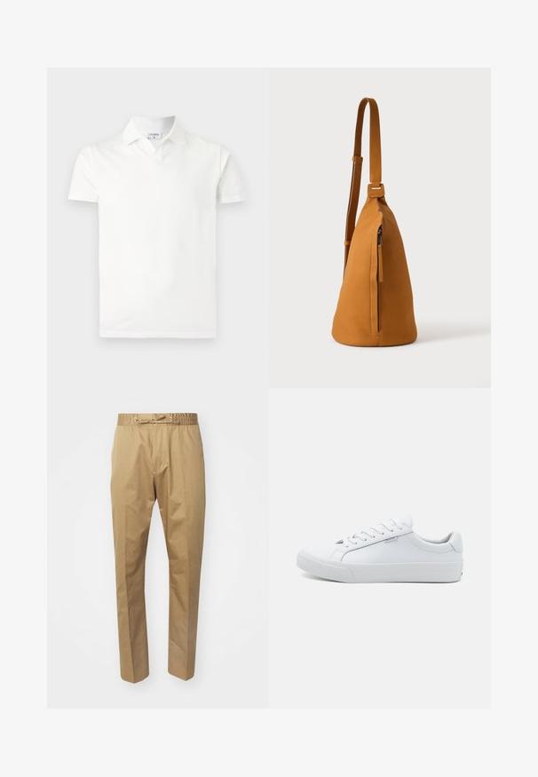 Weißes kurzärmeliges Poloshirt mit Kragen und einem kleinen Etikett innen am Hals mit der Aufschrift „FILIPPA K“, dargestellt vor einem schlichten hellen Hintergrund.; Beige Hose mit elastischem Taillengummi und verstellbarem Kordelzug. Glatte Textur, gerade Beine und minimalistisches Design.; Weiße Leder-Sneaker mit glatter Oberfläche, niedrigem Design, runder Spitze und flacher Gummisohle. Ausgestattet mit flachen Schnürsenkeln und minimaler Markenkennung.; Hellbraune Leder-Umhängetasche mit verstellbarem Trageriemen und vertikaler Reißverschlusstasche, von der Seite vor hellem, einfarbigem Hintergrund gezeigt.