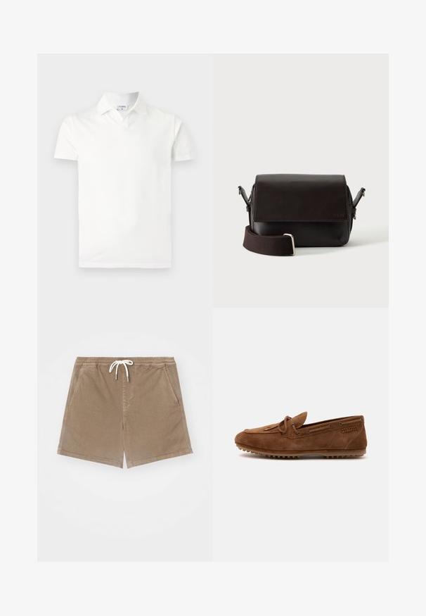 Polo blanc à manches courtes avec col et une petite étiquette à l'intérieur du col indiquant « FILIPPA K », présenté sur un fond clair uni.; Shorts en coton marron avec une taille élastique et un cordon de serrage blanc, dotés de deux poches latérales et d'une coupe droite.; Mocassin en daim marron avec détail de lacet, semelle en caoutchouc avec crampons antidérapants et accent de couture sur un fond blanc uni.; Sac bandoulière en cuir marron foncé avec fermeture à rabat et sangle en tissu réglable sur fond blanc.