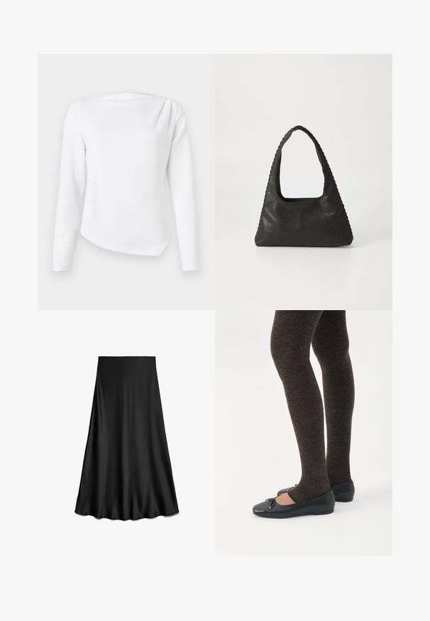 Blusa blanca de manga larga con escote en barco y dobladillo ligeramente asimétrico, presentada sobre un fondo liso y claro.; Falda negra de satén en línea A con textura suave y dobladillo fluido, hasta la rodilla, mostrada sobre un fondo blanco.; Piernas con leggings oscuros acanalados combinados con bailarinas negras que presentan pequeños detalles de lazo sobre un fondo blanco.; Bolso de cuero negro con forma triangular, un gran asa recortada y costuras detalladas a lo largo de los bordes. Textura suave.