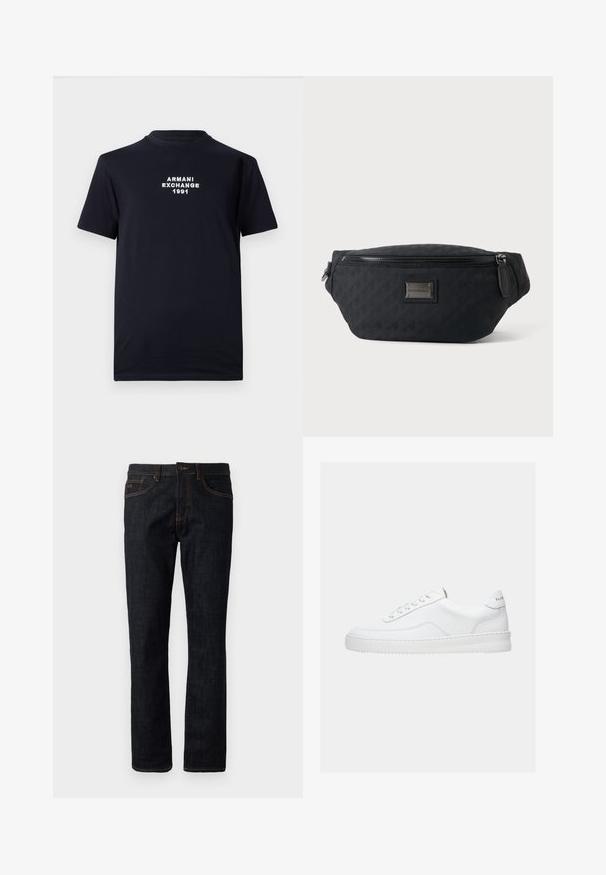 Sort bomulds T-shirt med rund halsudskæring og korte ærmer. Hvid broderet tekst med "ARMANI EXCHANGE 1991" står centralt.; Mørkeblå slim-fit jeans med orange syninger, knaplukning og femlomme-design, præsenteret fladt mod en hvid baggrund.; Hvid lavt sneaker med snørelukning, glat læderoverdel og tyk sål, vist fra siden på en ensfarvet baggrund.; Sort stof talje taske med lynlås foran og lille metal logo plade i midten, vist mod en ensfarvet baggrund.