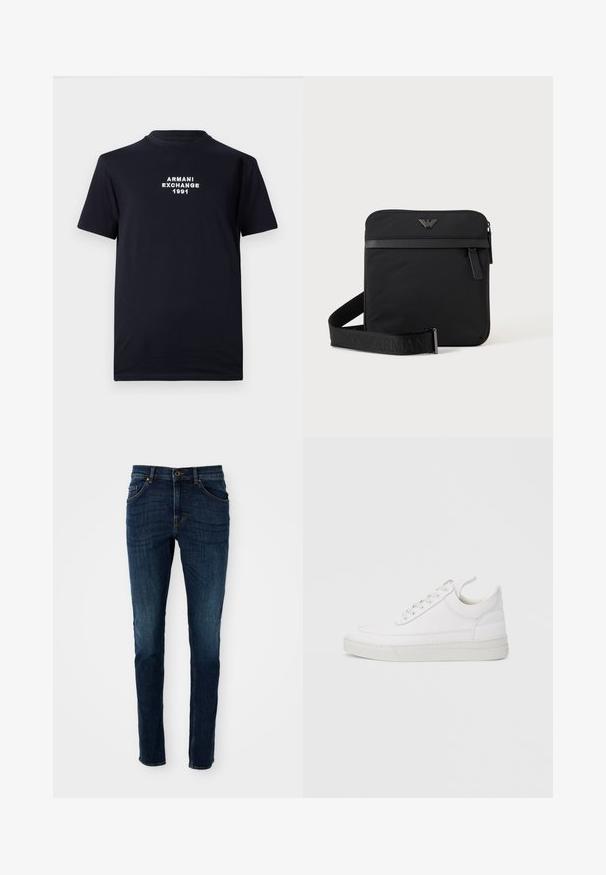 Sort bomulds T-shirt med rund halsudskæring og korte ærmer. Hvid broderet tekst med "ARMANI EXCHANGE 1991" står centralt.; Mørkeblå denim jeans med slim fit, struktureret design, fem-lommes stil og let falmning langs benene og sømmene.; Hvid lædersneaker med rundet tå, flad sål og snørebånd foran. Har syningsdetaljer og polstret krave for komfort.; Sort firkantet skuldertaske med lynlås, frontlomme og justerbar rem med præget brandnavn.