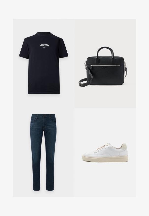 Zwarte katoenen t-shirt met een ronde halslijn en korte mouwen. Witte geborduurde tekst met "ARMANI EXCHANGE 1991" in het midden.; Donkerblauwe slim-fit jeans met vijf zakken, sluiting met een knoop aan de voorkant en ritssluiting, tentoongesteld tegen een witte achtergrond.; Witte sneaker met een gevoerd leren bovenwerk, beige veters en een gestructureerde beige suede hieltab. Verhoogde zool voor extra hoogte.; Zwart gestructureerde rechthoekige leren aktetas met dubbele handvatten, voorvak met rits en verstelbare schouderriem, weergegeven op witte achtergrond.