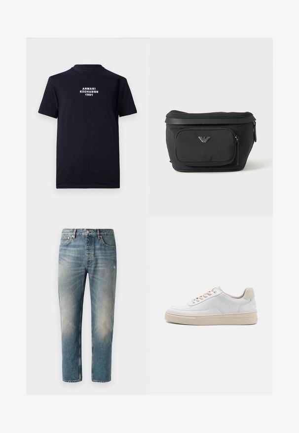 T-shirt en coton noir avec un col rond et des manches courtes. Le texte blanc brodé "ARMANI EXCHANGE 1991" est situé au centre.; Jean en denim bleu clair avec une coupe droite. Comprend une fermeture à bouton, cinq poches, et des zones légèrement décolorées ainsi que des marques d'usure au niveau des cuisses.; Sneaker blanche avec un dessus en cuir lisse, des lacets beige et un onglet de talon en daim beige texturé. Semelle surélevée pour une hauteur supplémentaire.; Sac banane noir avec poche avant zippée et logo aigle argenté, tissu lisse avec bordure texturée et tirettes de fermeture éclair.