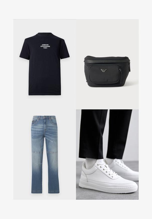 Schwarzes Baumwoll-T-Shirt mit Rundhalsausschnitt und kurzen Ärmeln. Weiß gestickter Text mit "ARMANI EXCHANGE 1991" in der Mitte.; Helle blaue Jeans mit geradem Schnitt, die verblassene Stellen, Nähdetails und einen mittelhohen Bund aufweisen. Sie verfügen über Vorderaschen.; Weiße Leder-Sneaker mit flacher Gummisohle, ausgestattet mit einer glatten Oberfläche, runder Zehenpartie und Metallösen für die Schnürsenkel. Getragen mit schwarzen Hosen.; Schwarze Bauchtasche mit Frontreißverschlusstasche und silbernem Adlerlogo, glattes Gewebe mit strukturiertem Besatz und Reißverschlussanhängern.