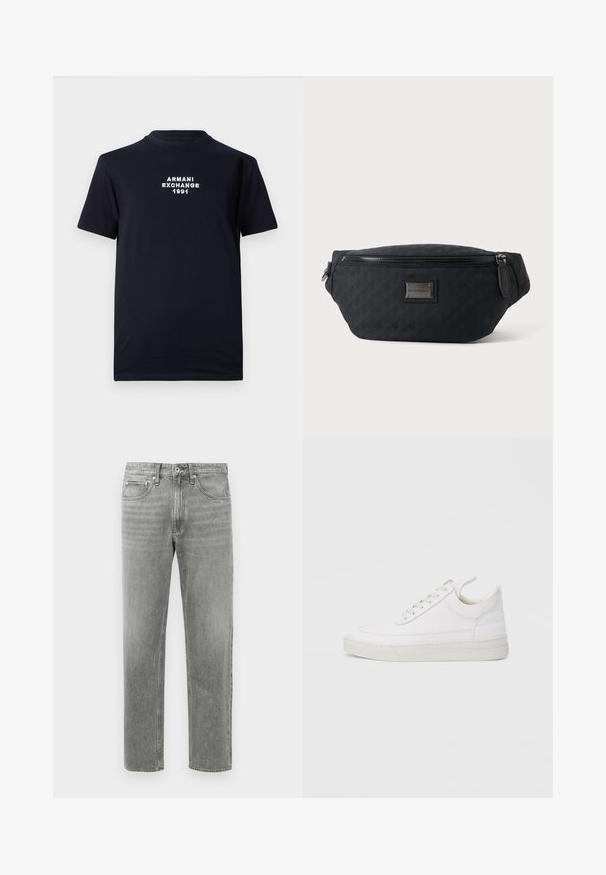 Sort bomulds T-shirt med rund halsudskæring og korte ærmer. Hvid broderet tekst med "ARMANI EXCHANGE 1991" står centralt.; Grå denim jeans med lige ben, der har et klassisk fem-lomme-design og subtilt slid for tekstur. Standard lynlåslukning.; Hvid lædersneaker med rundet tå, flad sål og snørebånd foran. Har syningsdetaljer og polstret krave for komfort.; Sort stof talje taske med lynlås foran og lille metal logo plade i midten, vist mod en ensfarvet baggrund.