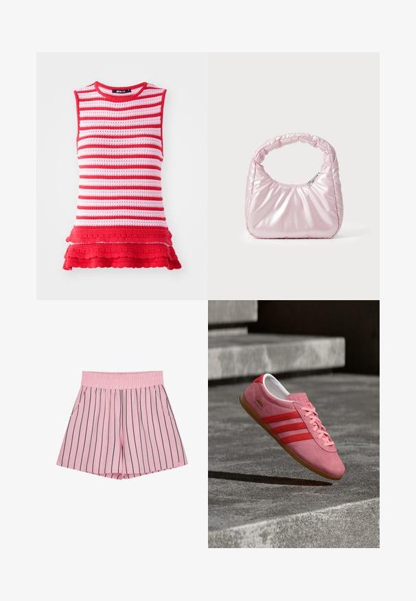 Rood en roze gestreepte mouwloze top met een gebreide textuur en een gerimpelde zoom, voorzien van een ronde halslijn en een getailleerde pasvorm.; Lichtroze shorts met verticale marineblauwe strepen, elastische tailleband en zijzakken. Gemaakt van een zachte stof met een losse pasvorm.; Roze suède sneaker met rode strepen, een rubberen zool en roze veters. Heeft het "Adidas Gazelle"-logo aan de zijkant.; Roze, gevoerde handtas met een afgeronde vorm, gemaakt van glanzend materiaal. Beschikt over een geplooide handgreep en een ritssluiting voor veilige toegang.