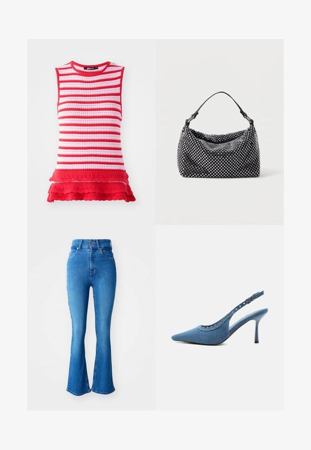 Rood en roze gestreepte mouwloze top met een gebreide textuur en een gerimpelde zoom, voorzien van een ronde halslijn en een getailleerde pasvorm.; Hoogwaardige blauwe denim jeans met een wijde onderkant, voorzien van een twee-knops sluiting, vijf zakken en een gladde, gestructureerde afwerking.; Blauwe denim slingback pump met spitse neus, zilveren oogjes en verstelbare gespsluiting.; Zwart en zilveren handtas met een geweven, gestructureerd oppervlak dat vierkante patronen bevat, een enkele bovenhandgreep en een slungelige vorm.