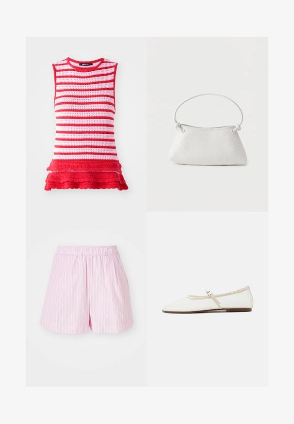 Gestreiftes ärmelloses Oberteil in Rot und Pink mit einem strukturierten Strickdesign und einem volanten Saum. Es hat einen runden Ausschnitt und eine enganliegende Silhouette.; Hellrosa Shorts mit weißen vertikalen Streifen, verfügen über einen elastischen Bund und einen lockeren Schnitt, hergestellt aus weichem, leichtem Stoff.; Weißer Mary Jane Ballerinaschuh mit spitz zulaufender Schuhspitze, dünnem verstellbarem Riemen mit silberner Schnalle und brauner Sohle auf weißem Hintergrund.; Weiße gewebte Lederhandtasche mit abgerundetem Griff und verknoteten Riemenenden, vor schlichtem Hintergrund präsentiert.