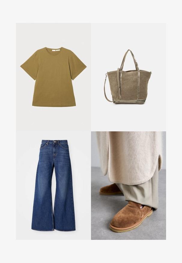 Olivenfarvet t-shirt med korte ærmer lavet af blødt stof, med rund halsudskæring og en afslappet pasform, præsenteret mod en hvid baggrund.; Bredde denimjeans i mørkeblå, med et klassisk fem-lomme design, knaplukning og subtle whiskering langs lårene.; Brune ruskinds slip-on sko med rund tå, gummisul, og detaljer med udskæring i siden, parret med lyse beige skræddersyede bukser.; Vanessa Bruno CABAS - Håndtasker - kaki