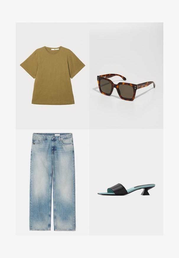 Olive green short-sleeve t-shirt made of soft fabric, with a crew neckline and a relaxed fit, displayed against a white background.; Light blue denim wide-leg jeans with a faded design, five-pocket styling, and a button closure. Straight cut with frayed hem detail.; Black open-toe mule with a wide strap, turquoise insole, and a short, uniquely shaped block heel on a white background.; Tortoiseshell sunglasses with square lenses, dark brown tint, and distinctive front accents; smooth texture and sturdy frame design.