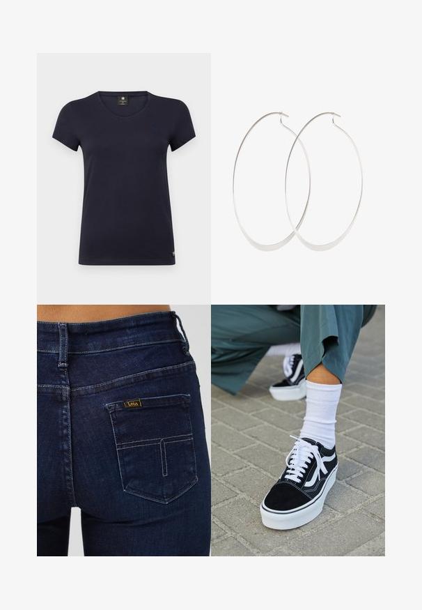 Camiseta de manga corta azul marino con escote en V, hecha de algodón suave. Presenta un pequeño logotipo en la parte superior izquierda.; Vaqueros de mezclilla azul oscuro con un bolsillo trasero estándar. Presentan detalles cosidos y una pequeña etiqueta amarilla con la marca "Lois".; Zapatillas de ante negro con acentos y cordones blancos, que cuentan con una gruesa suela blanca y costuras en contraste, combinadas con un calcetín blanco.; Pendientes de aro plateados con un diseño delgado y suave; forma ovalada alargada; acabado pulido; presentan un cierre de gancho seguro.