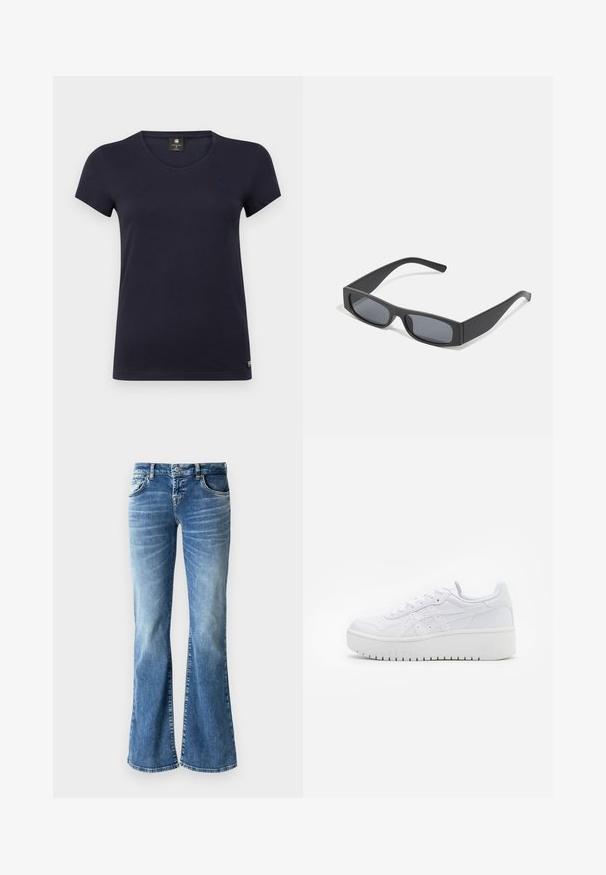 Marineblauwe T-shirt met korte mouwen en V-hals, gemaakt van zachte katoen. Heeft een klein logo accent aan de bovenkant aan de linkerkant.; Lichtblauwe denim flared jeans met een vervaagde wassing, vijf zakken, gestikte details en een rits met knopsluiting.; Witte platform sneakers met een gladde leertextuur, geperforeerde details en platte veters; voorzien van een dikke witte rubberen zool.; Zwarte rechthoekige zonnebril met donkere lenzen en dikke matte monturen. De zijstukken zijn licht taps toelopend met een gladde textuur.