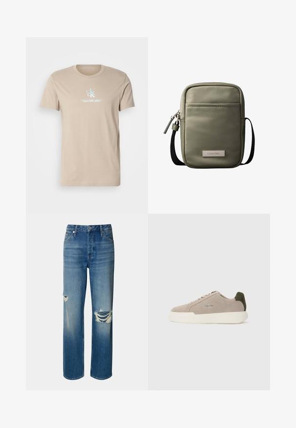 Beige Baumwoll-T-Shirt mit kurzen Ärmeln und Rundhalsausschnitt. Auf der Vorderseite befindet sich ein blaues Logo mit "CK" und dem Text "Calvin Klein Jeans".; Helle blaue Denim-Jeans mit hoher Taille, geradem Bein und ausgefransten Rissen an beiden Knien. Mit klassischem Fünf-Taschen-Design und Knopfverschluss.; Beige Wildledersneaker mit einer weißen Gummisohle, die einen dunkelgrünen Akzent an der Ferse und dezente Markenaufschrift an der Seite aufweisen.; Kompakte olivgrüne Umhängetasche mit Vordertasche, schwarzem verstellbarem Riemen, Reißverschluss und Calvin Klein Logo-Plakette.