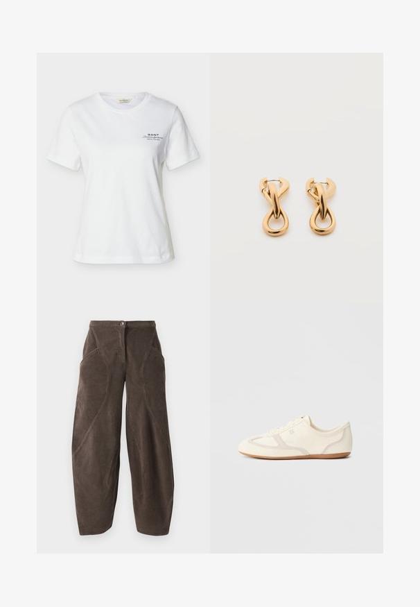 Hvid T-shirt med korte ærmer og rund hals med lille sort tekst "GANT American Sportswear New Haven" på venstre bryst.; Brune bredbenede fløjlsbukser med høj talje, frontknaplukning og skrå sømdetaljer på benene.; Sneakers i cremefarve med overdel i ruskind og stof, rundet tå og gummisål med beige detaljer. Snørelukning.; Par af skinnende guldfarvede hoop-øreringe med snoet, flettet design på en enkel hvid baggrund.