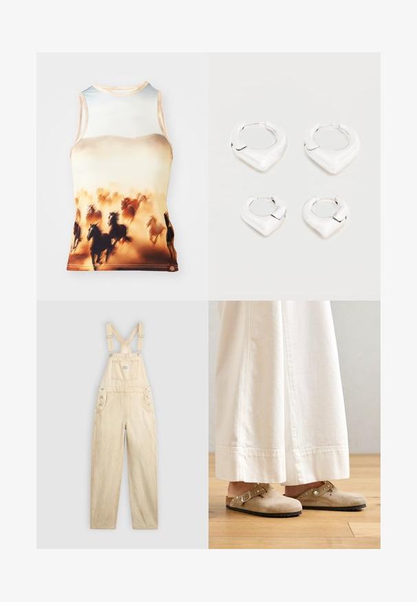 Ilma varrukateta tank top, millel on prinditud jooksvaid hobuseid pruunides ja kreemjas toonides, valmistatud siledast kangast, millel on ümar kaelus ja kitsas lõige.; Helebeige denimist valmistatud üldriided, millel on ruudukujuline tasku, reguleeritavad rihmad, külgedel nööbid ja laiad sääred.; Beezsuede klotsid, millel on pandla ja studidega aksessuaarid, kantud valgete laia säärega pükstega, puidust põrandal.; Kaks paari läikivaid hõbedasi rõngakujulisi kõrvarõngaid, millel on iseloomulik terav V-kujuline disain, esitatud valgel taustal.