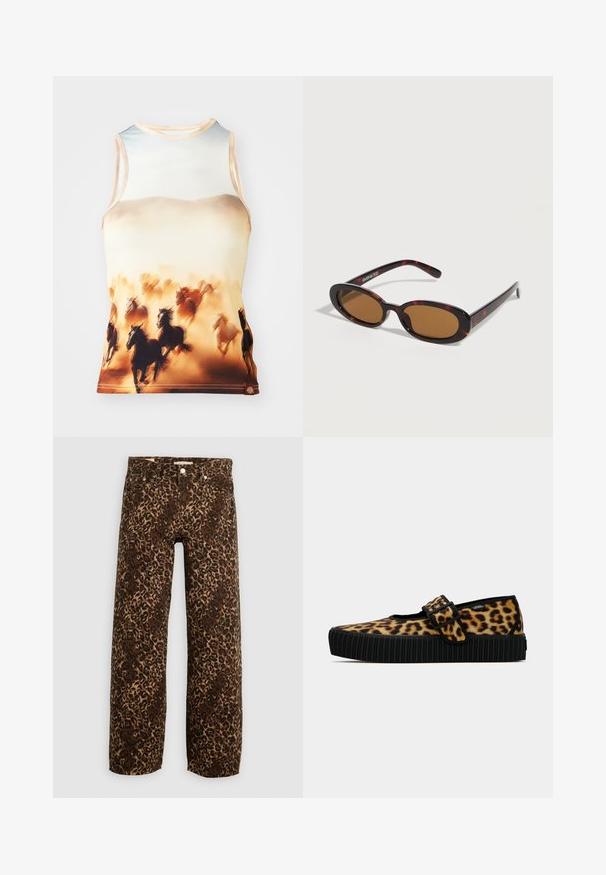 Ærmeløs tanktop med et print af løbende heste i brune og cremefarvede nuancer, lavet af glat stof med rund halsudskæring og tætsiddende design.; Bordeaux og tan leopardprint brede benjeans. Fremstillet af denim, med et klassisk fem-lomme design og metalhardwaredetaljer.; Sko med leopardmønster, der glides på med en sort ribbet sål og en spænde.rem, med flad design og blød stoftekstur.; Ovalformede solbriller med skildpaddemønster, brune tonede linser og tynde stænger, der hviler på en hvid overflade.
