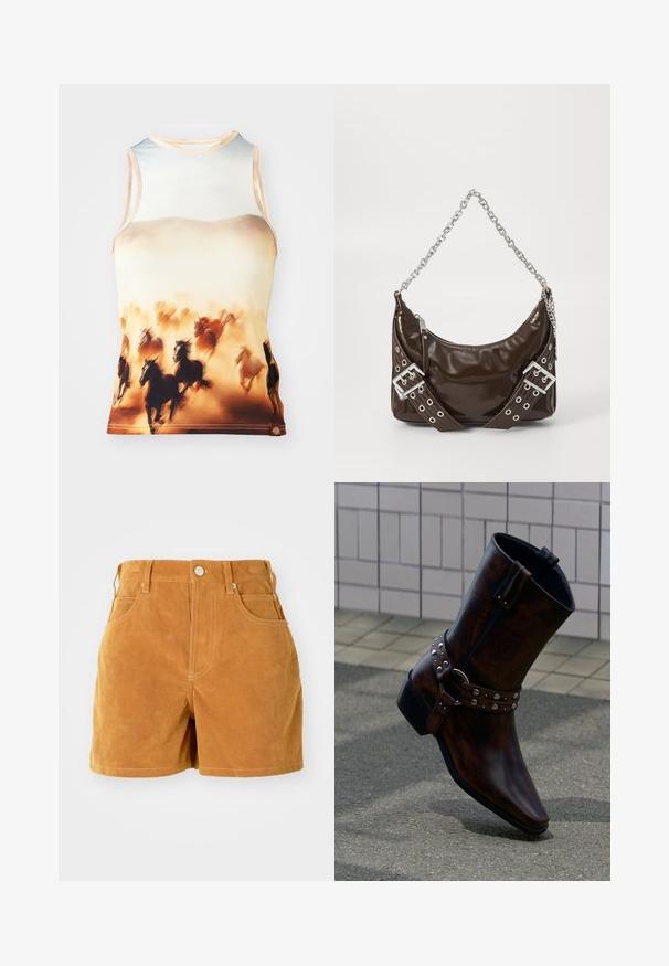 Camiseta sin mangas con un estampado de caballos corriendo en tonos marrón y crema, hecha de una tela suave con un escote redondeado y un diseño ajustado.; Pantalones cortos de ante marrón de cintura alta con botón frontal, lazos para cinturón y diseño de cinco bolsillos sobre un fondo blanco liso.; Botín de cuero marrón oscuro con tachuelas plateadas y detalle de correa, mostrado frente a una pared de azulejos y un suelo de hormigón.; Bolso de mano de cuero patentado marrón oscuro con cadena plateada, cinturones decorativos de doble hebilla y cierre de cremallera.