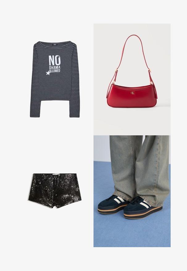 Gestreiftes Langarmshirt in Dunkelgrau und Hellgrau mit U-Boot-Ausschnitt. Mit weißem Text "NO DRAMA ALLOWED" und einem Sternmotiv versehen.; Schwarze Pailletten-Shorts mit körperbetontem Design. Enthält schimmernde Pailletten, glatte Textur und einen Bund für einen sicheren Sitz.; Dunkelblaue Wildleder-Plattform-Sneaker mit weißen Streifen und schwarzen Schnürsenkeln. Mit einer dicken braunen Gummisohle ausgestattet. Tragen Sie sie mit hellblauen Jeans.; Rote Lederschultertasche mit goldenem "cK" Logoemblem und verstellbarem Riemen vor einfarbig hellem Hintergrund.