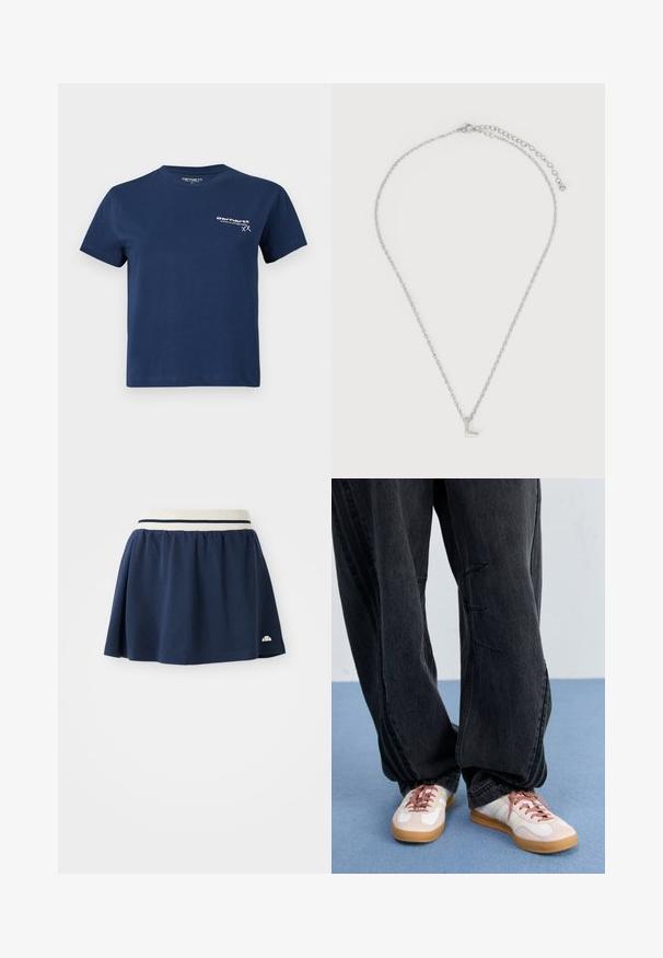 Navyblauwe katoenen t-shirt met korte mouwen, ronde halslijn en een wit logo dat op de voorkant aan de linkerzijde is gedrukt. Eenvoudig ontwerp, gladde textuur.; Marineblauwe rok van zachte stof met een witte elastische tailleband met twee marineblauwe strepen en een klein logo op de onderste zoom.; Zwarte baggy denimbroek met stiksels aan de voorkant, gecombineerd met witte en blush sneakers met een gumkleurige zool en roze veters.; Zilveren ketting met een kleine hanger in hoofdletter "L" en verstelbare sluiting op een witte achtergrond.