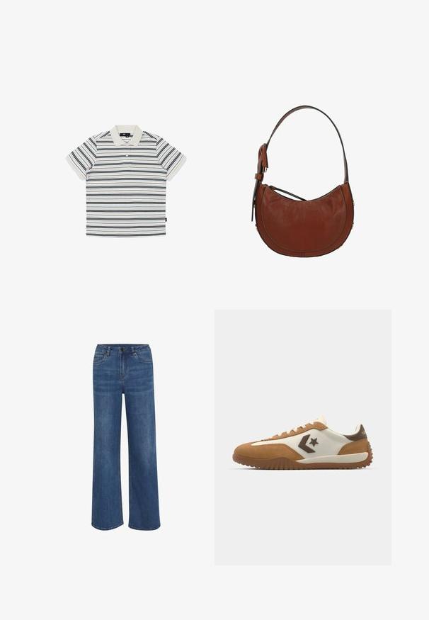 Korte mouw polo met crèmekleurige kraag en horizontale strepen in zwart, beige en lichtblauw op een witte achtergrond.; Wijduitlopende jeans van middelblauwe denim. Voorzien van een knoop- en ritssluiting, vijf zakken en subtiele vervaging op de stof.; Lage sneaker met een crème textielen bovenwerk en tan suède accenten. Heeft een bruine sterrenlogo en een gestructureerde rubberen zool voor grip.; Bruine leren schoudertas met een gebogen vorm, ritssluiting en een afneembare schouderband. Kenmerkt zich door gouden hardware-accenten en zichtbare stiksels.