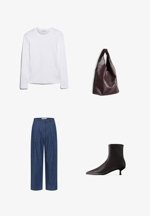 Wit T-shirt met lange mouwen, gemaakt van ribgebreide katoen, met een ronde halslijn en een rechte zoom. Eenvoudig ontwerp zonder patronen of accenten.; Blauwe denim broek met hoge taille, wijde pijpen, voorplooien, lussen voor een riem en een verborgen ritssluiting.; Zwarte leren enkellaars met spits toelopende neus en een lage kittenhak, strak minimalistisch design op witte achtergrond.; Donkerbruine leren slungelige schoudertas met een enkele brede riem en een zachte, gladde textuur tegen een witte achtergrond.