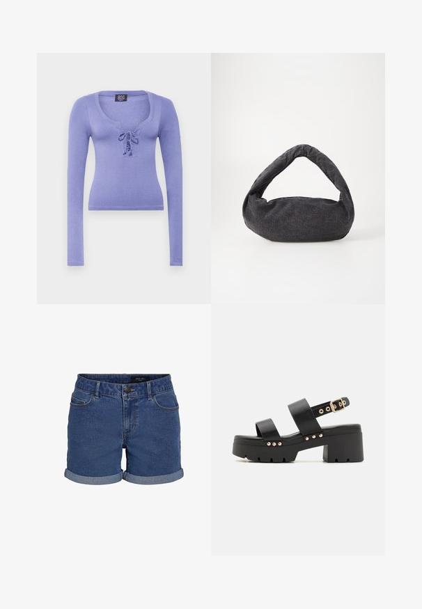 Langsleeve lila top van gestructureerde gebreide stof met een ronde halslijn en een strik aan de voorkant.; Denim shorts in donkerblauw met een klassieke snit. Beschikt over opgerolde zomen, twee voorzakken en een knoopsluiting. Glad textuur.; Call it Spring NOVALIE - Sandalen met plateauzool - black; Donkergrijze stoffen tas met een gebogen handvat, zachte textuur en ronde vorm. Geen zichtbare hardware of versieringen.
