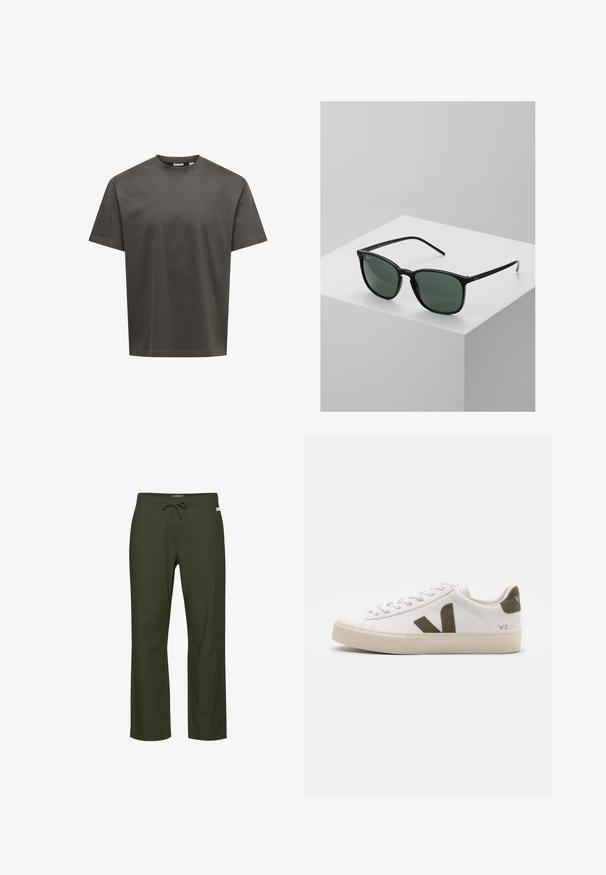 Camiseta de manga corta color verde oliva oscuro con cuello redondo, diseño sencillo, mostrada plana sobre fondo blanco.; Pantalones verde oliva con cintura de cordón, diseño de pierna recta, textura de tela suave y una etiqueta de logo sutil en el frente.; Zapatillas de cuero blanco con una suela de goma beige claro. Presenta un logo en forma de V de gamuza marrón y una pestaña en el talón. Cierre con cordones y superficie texturizada.; Gafas de sol rectangulares negras con lentes verde oscuro, que cuentan con un diseño de marco de plástico ligero y acentos plateados en las patillas.