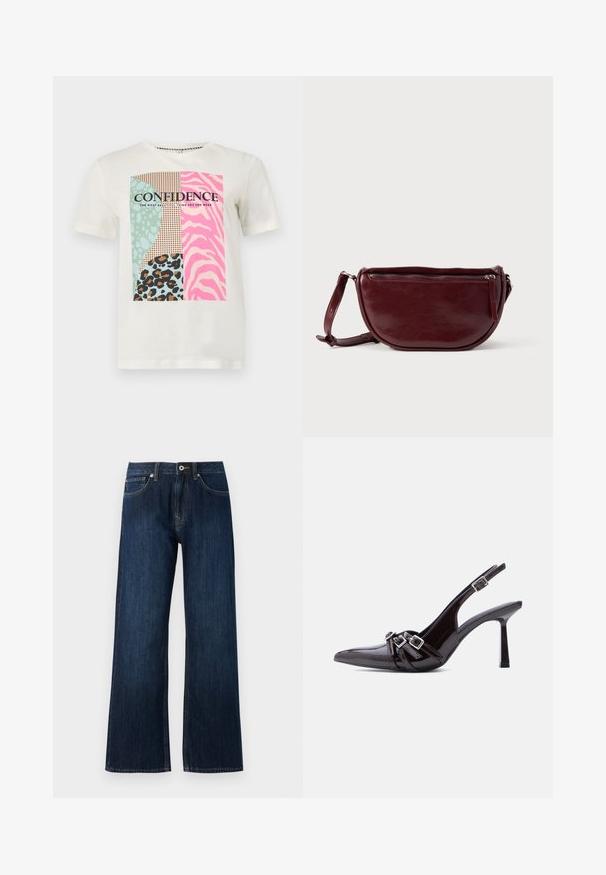 Weißes T-Shirt mit kurzen Ärmeln, einem bunten Tiermuster-Aufnäher und dem Wort „ZUFRIEDENHEIT“ über dem Satz „DAS SCHÖNSTE, WAS DU TRAGEN KANNST.“; Weite, dunkelblaue Jeans aus Denim mit einem Reißverschluss, Knopfverschluss und zwei Fronttaschen mit kontrastierendem Nähen.; Schwarzer Slingback-Hochschuh aus Lackleder mit spitzer Zehenpartie und drei dekorativen Schnallenriemen oben.; Dunkelroter Lederhandtasche in halbmondförmiger Form mit Reißverschluss und abnehmbarem Tragegurt. Glatte Textur mit dezentem Glanz.