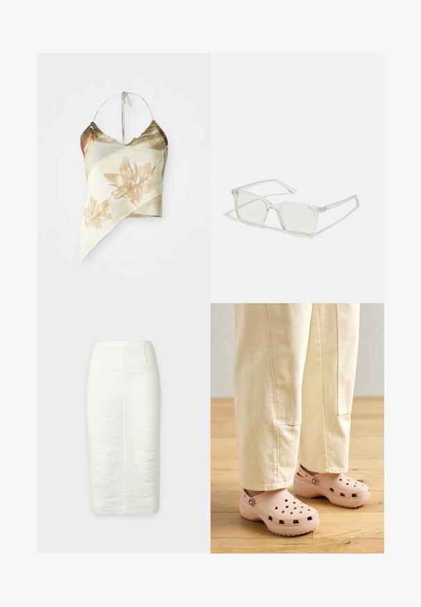 Asymmetrisches Crop-Top mit Blumenmuster in gedämpften Beige- und Olivtönen, mit einer Netzstruktur, Halterhals-Bindebändern und einem drapierten Design.; Weißer Midi-Bleistiftrock mit gerafftem, strukturiertem Stoff und einer vorderen Naht, gestaltet für eine taillierte Silhouette.; Helle rosa Clogs aus Gummi, mit Belüftungslöchern, einer konturierten Form und einer strukturierten Sohle für Halt. Getragen mit hellbeigen Hosen.; Klare, quadratische Kunststoffbrillen mit durchsichtigen Gläsern, die goldene Akzente an den Bügeln für zusätzliche Details aufweisen.
