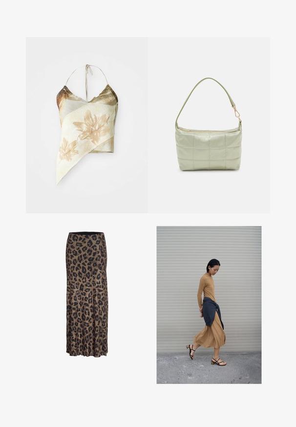 Asümmeetriline lillemuster crop top muted beeži ja oliivroheline tooni, millel on võrkmaterjal, kaelasidemed ja drapeeritud disain.; Prindiga leopardimuster, pruun ja must, voolava disainiga, peene rippuvate äärtega, valmistatud kergest ja pehmest kangast.; Naine kõndimas beežis pikkas kleidis ja mustades sandaalides, tal on talje ümber seotud tumedat värvi kampsun, taustal on suletud aknaroll.; Pehmea tekstuuriga vooderdatud roheline õlavöökott, ristkülikukujuline, ühe rihmaga ja kuldse tõmblukuga. Omab tikandmustrit.