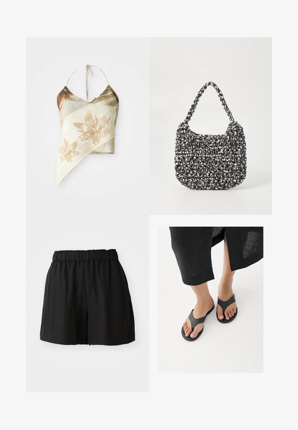 Asümmeetriline lillemuster crop top muted beeži ja oliivroheline tooni, millel on võrkmaterjal, kaelasidemed ja drapeeritud disain.; Mustad mustriga lühikesed püksid elastse vöökoha, laia lõike, silmapaistmatu tekstuuri ja põlveni ulatuva lõikega. Ilma nähtavate mustrite või lisanditeta.; Jalutuskäik mustade nahast varbavahedega sandaalidega, musta seeliku ääreosa paistmas pahkluude kohal valgel põrandal.; Mustri kott musta ja valgega, ümar kuju, tekstureeritud pind ja punutud käepide. Sobib igapäevaseks kasutamiseks.