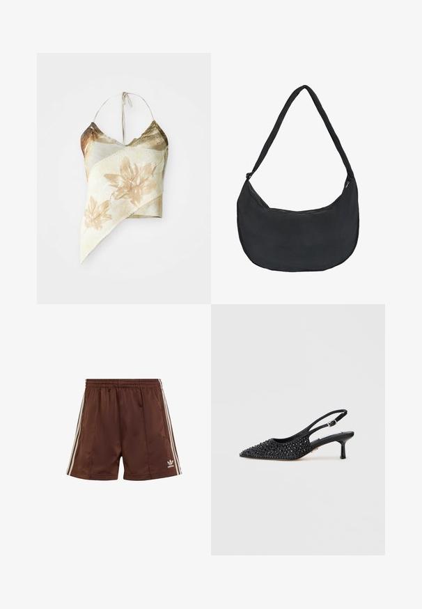 Asymmetrisches Crop-Top mit Blumenmuster in gedämpften Beige- und Olivtönen, mit einer Netzstruktur, Halterhals-Bindebändern und einem drapierten Design.; Braune Sportshorts aus glattem Stoff mit lockerer Passform, die weiße seitliche Streifen und ein besticktes Logo am unteren linken Saum aufweisen.; Schwarzer Slingback-Pumps mit kitten Heels und spitzer Zehe, bedeckt mit kleinen schwarzen Strasssteinen auf einem weißen Hintergrund.; Schwarze Stoff-Schultertasche mit geschwungener Form und einem einzelnen langen Riemen, mit Reißverschluss oben.