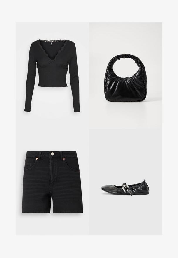 ONLY ONLTALIA - Pikkade varrukatega topp - black; Mustad teksapüksid ees nööpkinnitusega, vööaasadega, kahe eesmise tasku ja väikese münditaskuga, esitatud lamades valgel taustal.; Must musta lamega, millel on terav nina, kokkukogutud detailid avause ümber ja hõbedane pandla aktsent reguleeritaval rihmal.; Must mustaga, millel on ümar käepide, särav ja sile pind ning pehme quiltitud tekstuur. Nähtavaid metallosi ega aktsente ei ole.