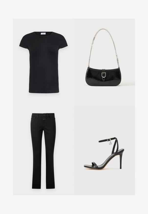 T-shirt noir à côtes avec un col rond et des manches courtes. Tissu doux avec une coupe ajustée, présentant une étiquette au niveau du cou.; Jeans noirs en denim, avec une coupe ajustée, fermeture à bouton et style traditionnel à cinq poches. Texture lisse avec une légère élasticité.; Sandale à talon haut noire avec une bride étroite à la cheville, bout carré, cuir lisse et accent de boucle métallique.; Sac à épaule en cuir verni noir avec détail de boucle argentée et bandoulière en chaîne argentée, présenté sur un fond uni clair.