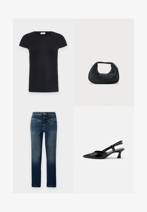 Schwarzes geripptes T-Shirt mit rundem Halsausschnitt und kurzen Ärmeln. Weicher Stoff mit figurbetonter Passform, ausgestattet mit einem Etikett am Hals.; Dunkelblaue Jeans mit geradem Schnitt, mit leichter Ausbleichung, orangefarbener Naht und einem Knopfverschluss an der Taille.; Schwarzer Slingback-Pumps aus Lackleder mit spitzer Spitze und verstellbarem goldfarbenem Riemen auf weißem Hintergrund.; Schwarze gewebte Hobo-Tasche mit weicher Struktur und integriertem Griff, dargestellt vor einem schlichten hellen Hintergrund.