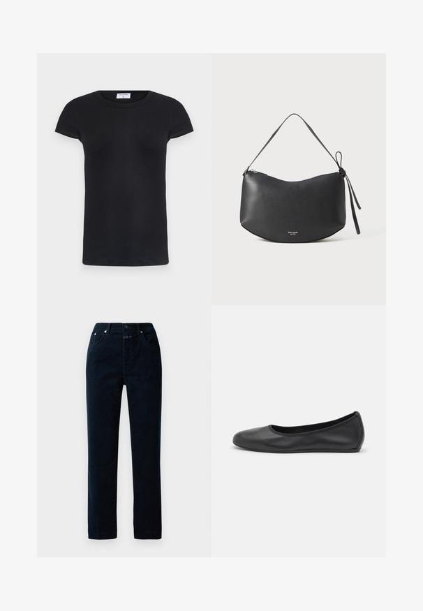 T-shirt noir à côtes avec un col rond et des manches courtes. Tissu doux avec une coupe ajustée, présentant une étiquette au niveau du cou.; Pantalons en velours côtelé bleu marine avec une coupe droite, dotés de poches avant, d'une fermeture éclair et de boutons en métal sur la taille.; Ballerines en cuir noir avec un bout rond, texture lisse, détails de couture minimalistes et design de semelle flexible.; Sac à bandoulière en cuir noir avec une forme courbe, fermeture éclair et une anse nouée. Présente un logo discret à l'avant. Texture lisse.