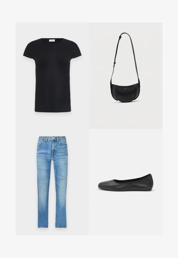 Camiseta negra de canalé con cuello redondo y mangas cortas. Tela suave con forma ajustada, presenta una etiqueta en el cuello.; Jeans de denim azul claro con corte recto, que cuentan con bolsillos frontales, cierre de botón y un ligero desgaste en la tela.; Bailarina de piel negra con punta redondeada, textura suave, detalle de costura minimalista y diseño de suela flexible.; Bolso bandolera de cuero negro en forma de media luna con correa ajustable y pequeño logo dorado en el centro frontal.