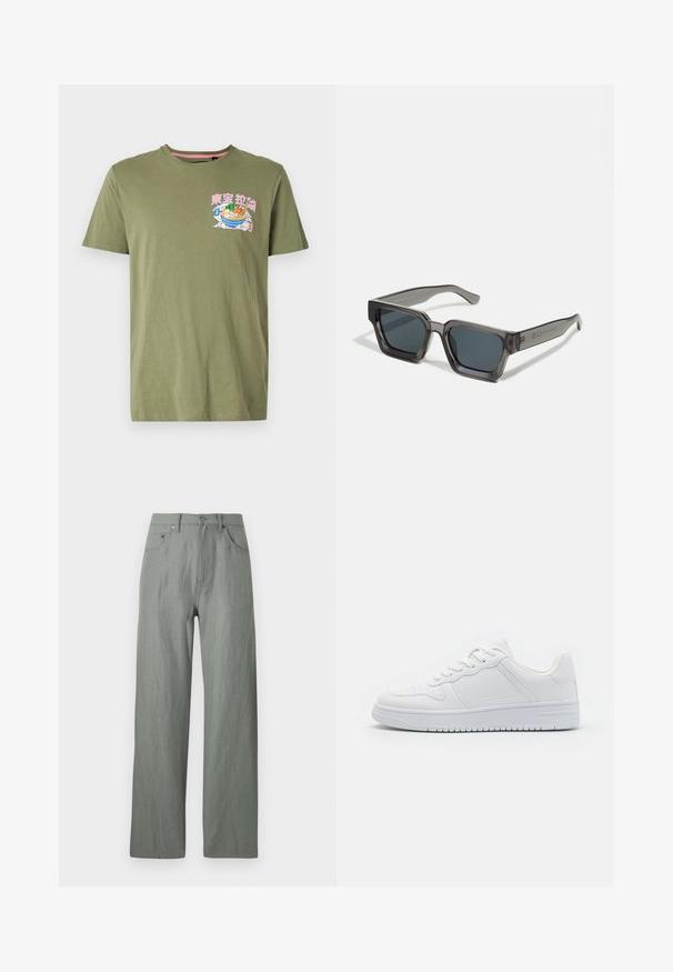 T-shirt en coton olive avec un motif imprimé de bol de nourriture en rose, bleu et vert, col rond et manches courtes.; Pantalons larges vert clair en tissu texturé doux. Comprend un système de fermeture à bouton à l'avant et cinq poches.; Baskets blanches en matière synthétique lisse, avec des lacets plats, une pointe perforée et une semelle en caoutchouc dotée d'un motif de grip texturé.; Jack & Jones JACPETER SUNGLASSES UNISEX - Lunettes de soleil - grey
