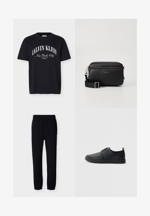 Μαύρο T-shirt με κοντά μανίκια και λευκό κείμενο "Calvin Klein New York City Established in 1968" τυπωμένο στο κέντρο εμπρός.; Μαύρο παντελόνι φόρμας με ελαστική μέση και μανσέτες. Κατασκευασμένο από απαλό ύφασμα. Διαθέτει μικρό λευκό λογότυπο στην αριστερή πλευρά.; Μαύρο δερμάτινο αθλητικό παπούτσι με λεία επιφάνεια, στρογγυλή μύτη, τονικό ράψιμο, κορδόνια μπροστά και επίπεδη καουτσούκ σόλα. Βρόχος στην πτέρνα.; Μαύρη δερμάτινη τσάντα χιαστί με δύο διαμερίσματα με φερμουάρ, υφή, ρυθμιζόμενος ιμάντας και ασημί μεταλλικά στοιχεία. Το λογότυπο Calvin Klein είναι εμφανές.
