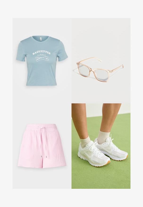 Camiseta de manga corta color azul claro hecha de algodón, con un gráfico en blanco que dice "BAGUETTES DE LA BOULANGERIE" y un diseño de baguette cruzados.; Shorts de color rosa claro hechos de una tela texturizada. Cuentan con una cinturilla elástica con cordón y puntas plateadas, diseñados para la comodidad.; Zapatillas deportivas blancas con tela de malla, suelas de goma y detalles beige. Llevadas con calcetines de colores claros sobre una superficie verde.; Gafas rectangulares transparentes de color beige con lentes claras colocadas sobre una superficie blanca.