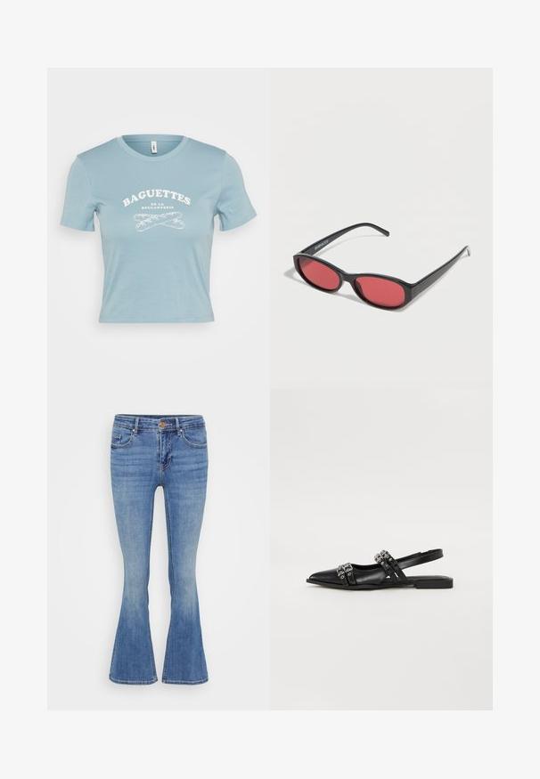 T-shirt bleu clair à manches courtes en coton, arborant un texte graphique blanc "BAGUETTES DE LA BOULANGERIE" et un design de baguette croisée.; Jean en denim bleu évasé avec une taille mi-haute, un design à cinq poches et une couture classique. Doux au toucher avec une finition légèrement délavée.; Even&Odd by Zalando Ballerines à brides arrière - black; Lunettes de soleil ovales noires avec des branches fines et des verres teintés rouges posées sur une surface blanche.