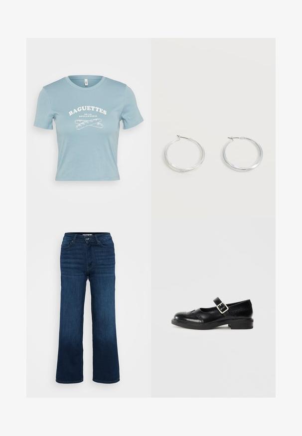 Lyseblå kortærmet T-shirt lavet af bomuld med en hvid grafisk tekst "BAGUETTES DE LA BOULANGERIE" og et krydset baguette-design.; ONLY Petite ONLMADISON BLUSH WIDE - Wide leg - dark blue denim; Sort læder Mary Jane-sko med en lav blokhæl, rund tå, dekorativ brogue-detaljering og en justerbar rem med metalspænde.; Sølvfarvede metaloorringe med glat, let buet overflade og låsemekanisme på en ensfarvet hvid baggrund.