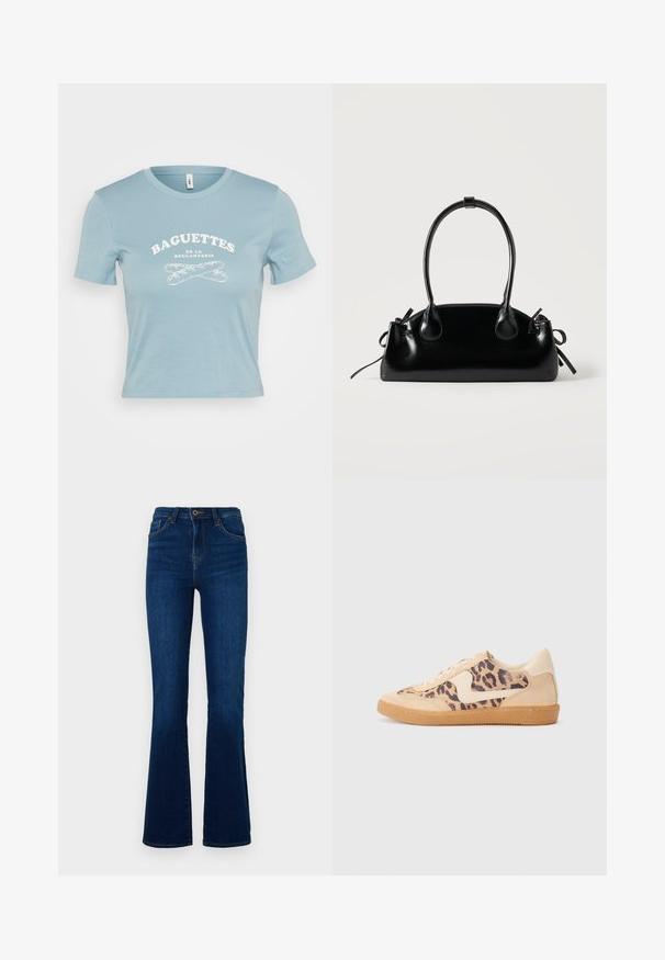 Lichtblauw T-shirt met korte mouwen van katoen, met een witte grafische tekst "BAGUETTES DE LA BOULANGERIE" en een design van gekruiste baguettes.; Donkerblauwe flared jeans van denim met een hoge taille, voorzien van voorzakken, een ritssluiting en subtiele stikseldetails.; Luipaardprint sneakers met een beige suède bovenkant, tan rubberen zool en witte accenten. Ronde neus en vetersluiting met een gestructureerde afwerking.; Kleine zwarte glanzende handtas met twee lange hengsels en zijkant trekkoord details op een effen lichte achtergrond.