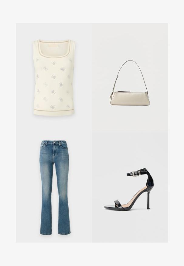 Cremefarvet tanktop med rund halsudskæring. Har et gentaget sølvlogo-mønster og ribkantdetaljer ved kanten. Blødt stof med en glat tekstur.; Lys blå denim flared jeans med fem lommer, høj talje og sy detaljer. Stoffet viser en let falmet vask og en glat tekstur.; Sort højhælet sandal i laklæder med ankelrem. Har minimalistisk design, åben tå og spænde med rhinsten-detaljer.; Lille beige læder skuldertaske med tynd rem og lynlås, mærket med et diskret metal-logo på frontens midte.
