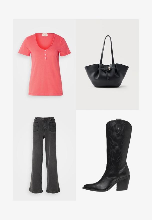 Koralpink t-shirt med rund hals, korte ærmer og tre-knaps lukning. Fremstillet af blødt, let stof.; Høj talje, brede ben sorte jeans lavet af denim, med knaplukning, bæltestropper og to baglommer med syninger.; Sort læder cowboy støvle med spidse tå, høj hæl og dekorativ syning i lynmønster langs skaftet.; Sort lædertaske med lange håndtag og en frontrem med en lille gylden spænde, sat mod en ensfarvet baggrund.